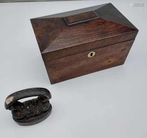 A Victorian two section tea caddy together with a cast iron ...