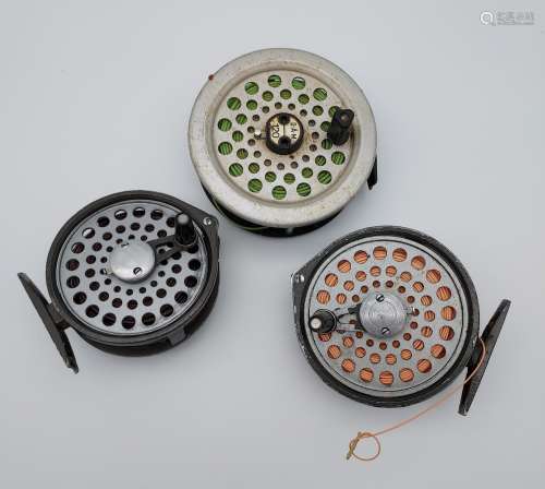 Three various fly reels with line.