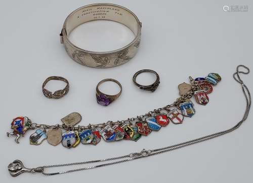 Birmingham silver bangle, silver and enamel souvenir charm b...
