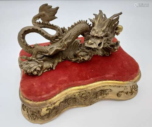Antique Chinese Qing heavy bronze dragon sculpture. Comes wi...