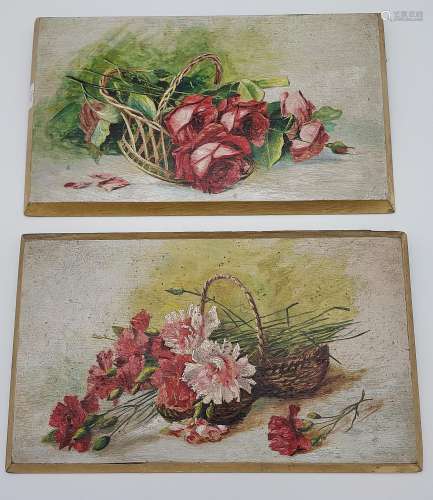 Two Antique Paintings on wood depicting flower baskets and r...