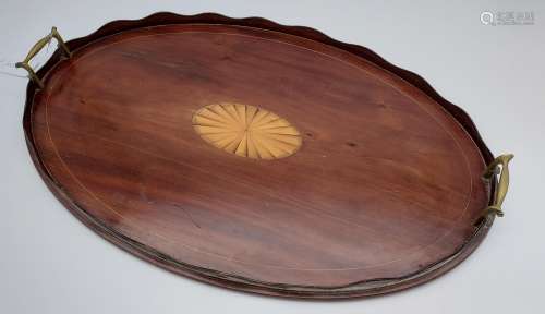 A Georgian pie crust oval serving tray, marquetry centre inl...