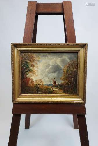 Antique oil painting on board depicting landscape and windmi...