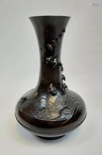 Antique Japanese heavy brass vase, detailing crashing waves ...