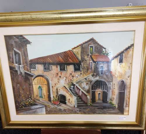 A Large Oil painting on canvas depicting Italian town villa....