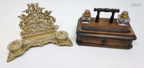 Two antique desk ink well stands, One made from brass detail...