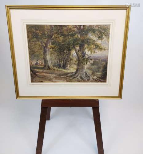A Large unsigned watercolour depicting woodland area with hu...
