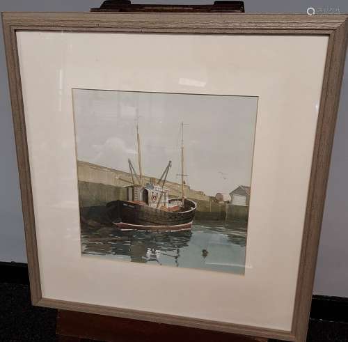 An original watercolour depicting a fishing boat docked with...