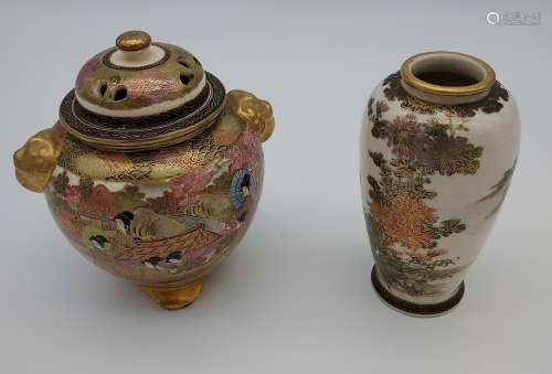 A Japanese panel painted Satsuma temple jar, together with a...