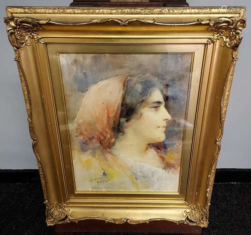 An original watercolour portrait titled 'Fiamella' by Forbin...