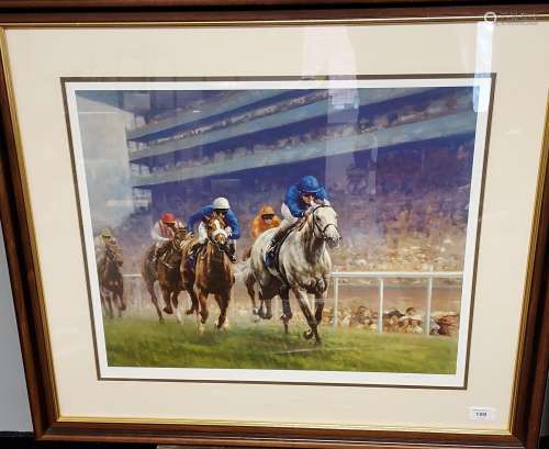 A Limited edition [64/350] horse racing print, signed in pen...