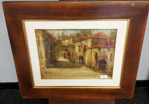 An original oil painting on canvas depicting town buildings,...
