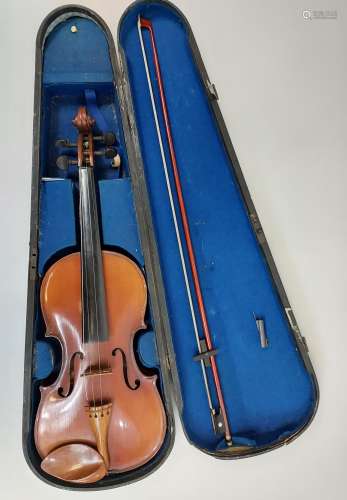 Antique violin, bow and coffin case.