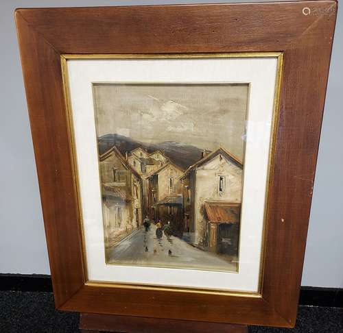 An original oil painting on canvas depicting Italian town bu...