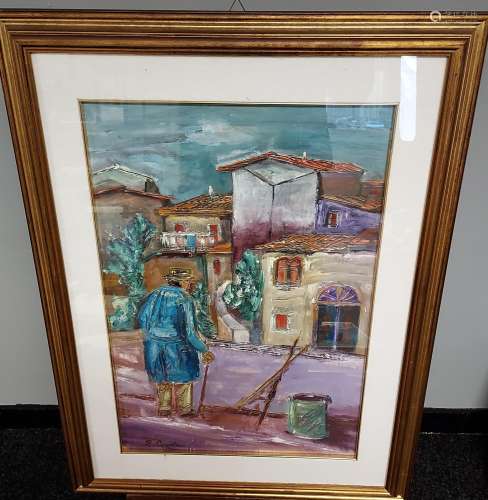 An Original Oil on canvas depicting figure walking into town...