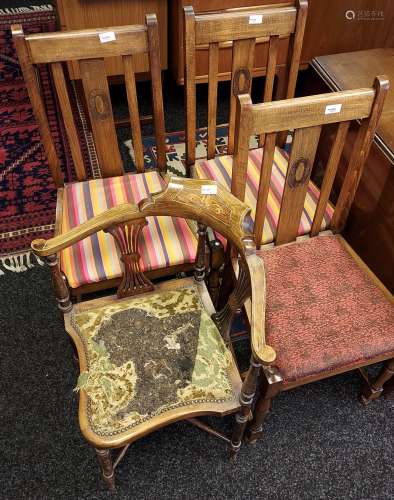 A lot of three vintage dining chairs and Inlaid Edwardian co...