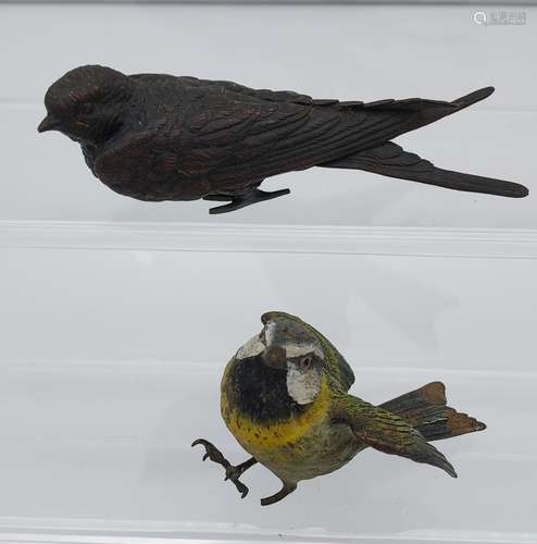 Two Antique cold painted bronze bird sculptures. One missing...