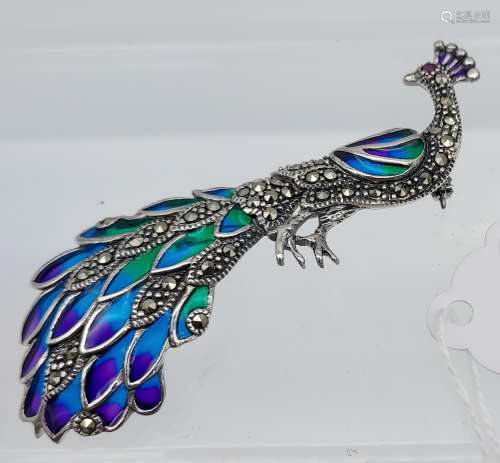 A silver & plique a jour peacock brooch [8.96g]