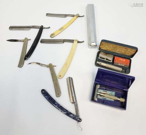 A Lot of four antique cut throat razors, two tools and two B...