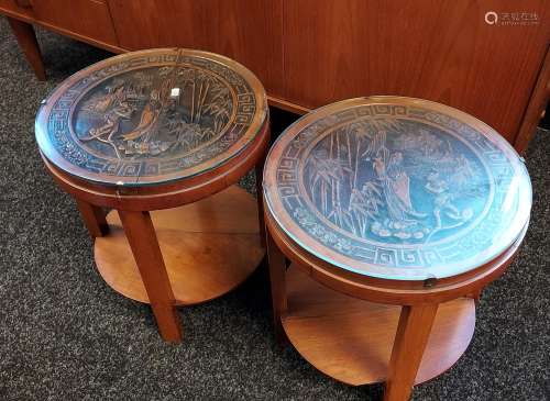 A Pair of Oriental hand carved panel, side tables. [41cm in ...