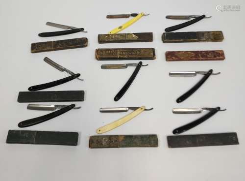 A Lot of 9 various antique cut throat razors with boxes.