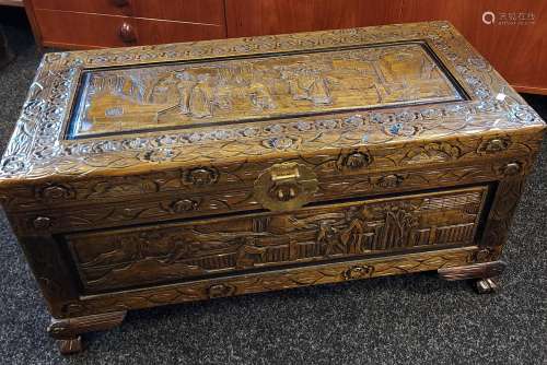 A vintage oriental hand carved panel trunk [47x88x42cm]