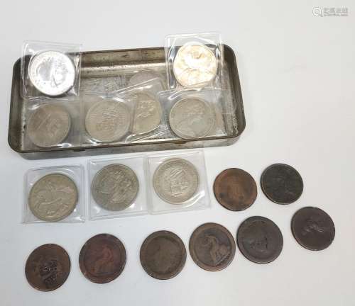 A Tin containing various crowns and Georgian penny's