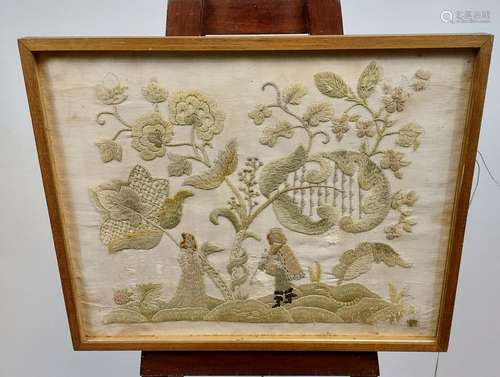 Antique Crewel work embroidery picture, faded. [Frame 48x60c...