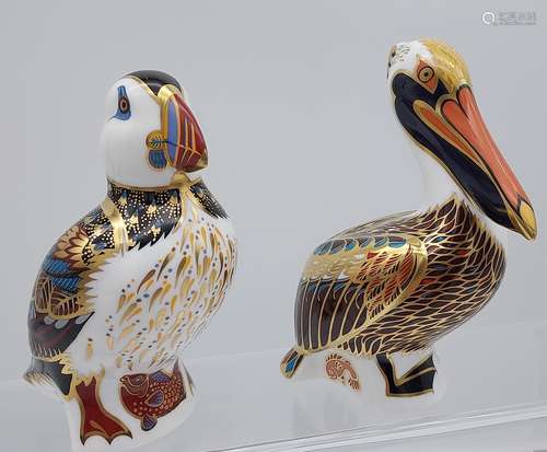 Two Royal Crown Derby Bird figures, Pelican and Puffin.