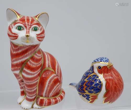 A Royal Crown Derby cat figurine together with RCD Robin- [R...