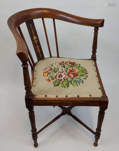 Antique Edwardian inlaid corner chair. Tapestry embroidered ...