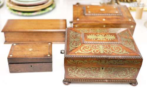 A Regency cut brass inlaid rosewood sewing box and three oth...