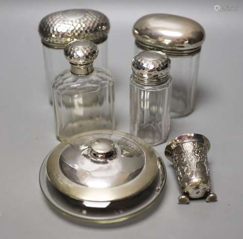 Six assorted silver mounted glass toilet jars, including a p...