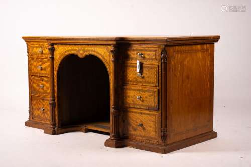 A late Victorian banded satinwood kneehole desk, width 138cm...