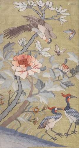 worked with a bird on a branch, later brocade border, framed...