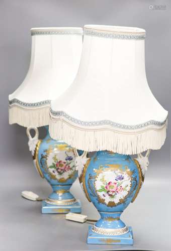 A pair of Sevres style porcelain table lamps with shades56cm...