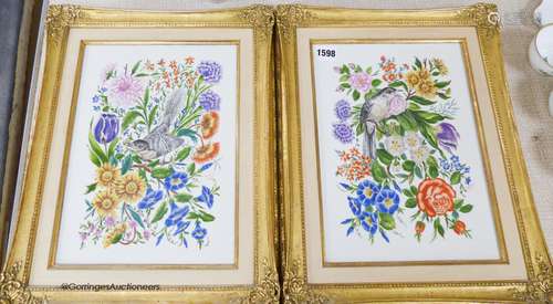 A pair of Boehm painted porcelain plaques, birds amongst fol...