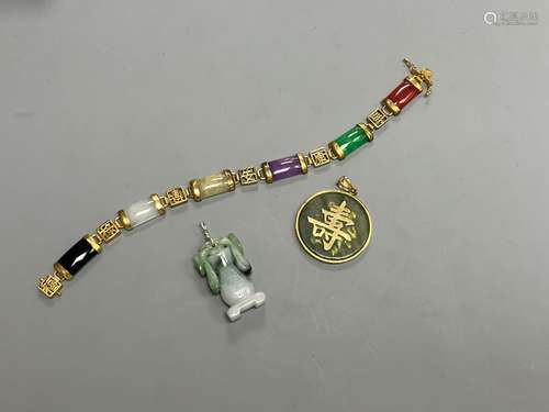 A Chinese multi coloured jadeite bracelet, and two jadeite p...