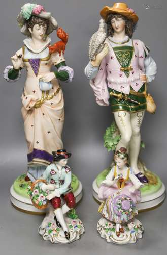 Two pairs of Continental porcelain figures,Minor losses,35cm