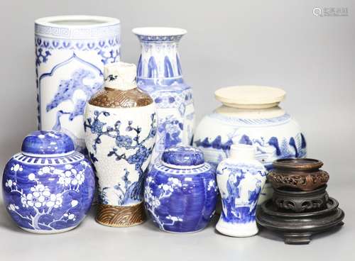 A group of seven Chinese blue and white porcelain vases and ...