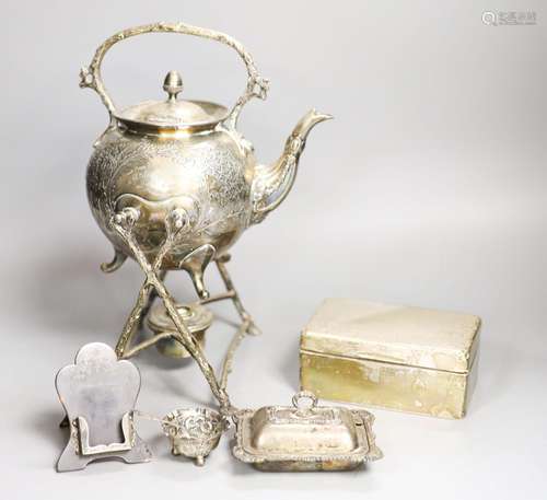 Silver and plated items, plated kettle on stand, butter dish...