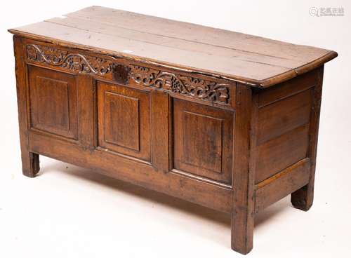 A 17th / 18th century carved oak coffer, length 132cm, depth...