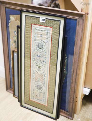 Assorted framed and glazed Chinese embroideries, late Qing t...