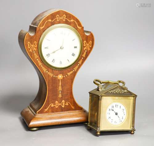 A Edwardian inlaid mahogany mantel timepiece and a brass car...