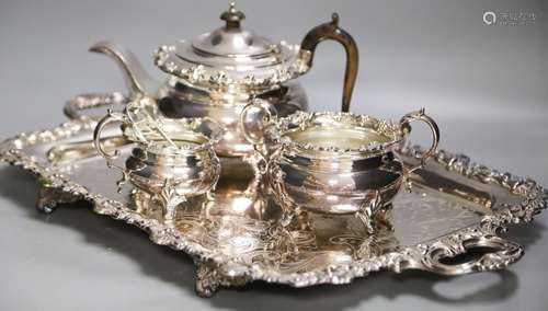 A Regency style cast plated and engraved four piece tea set,...