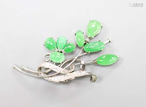 A white metal (stamped Plat), jade and diamond cluster set s...