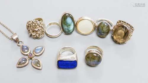 Six assorted white metal and gem set dress rings, a white me...