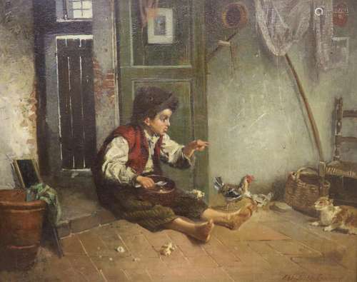 Elizabeth Godner, oil on canvas, Italian child with chickens...