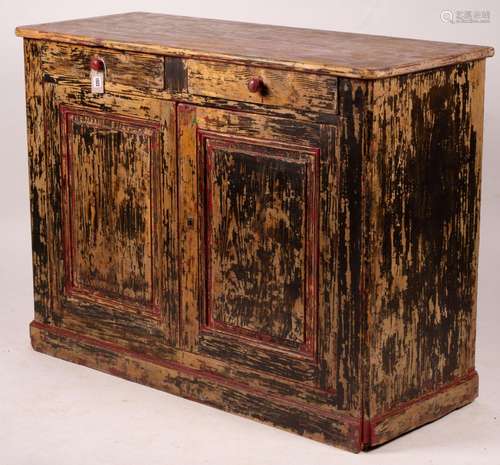 A 19th century French painted pine two door cabinet with scr...