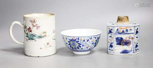 A Chinese famille rose mug, a Chinese Imari tea caddy and a ...